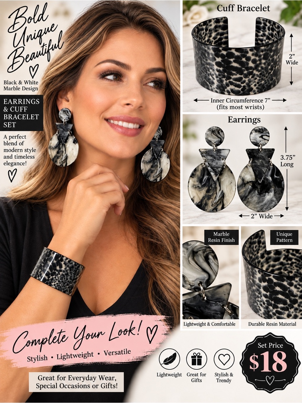 Black & White Marble Resin Earring and Cuff Bracelet Set
